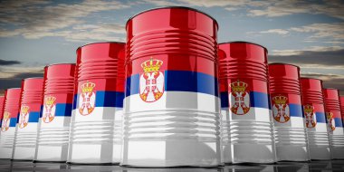 Sırbistan bayrağı taşıyan petrol varilleri - 3D illüstrasyon