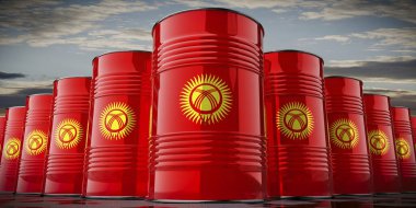 Kırgızistan bayrağı taşıyan yağ varilleri - 3 boyutlu illüstrasyon