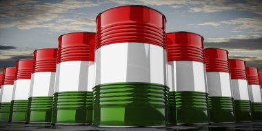 Macaristan bayrağı taşıyan petrol varilleri - 3D illüstrasyon