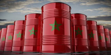 Fas bayrağı taşıyan petrol varilleri - 3 boyutlu illüstrasyon