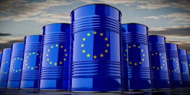 Avrupa Birliği bayrağı taşıyan petrol varilleri - 3D illüstrasyon