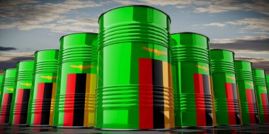 Zambiya bayrağı taşıyan yağ varilleri - 3 boyutlu illüstrasyon