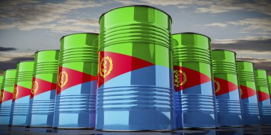 Eritre bayrağı taşıyan petrol varilleri - 3 boyutlu illüstrasyon