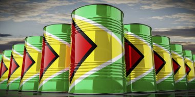 Guyana bayrağı taşıyan yağ varilleri - 3D illüstrasyon
