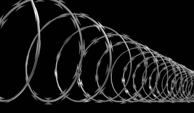 Siyah arkaplanda spiral dikenli tel - 3D illüstrasyon