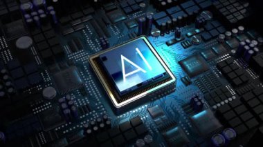 Bilgisayar işlemcisi ve AI kelimesi - 3D 4k animasyon (3840 x 2160 px)