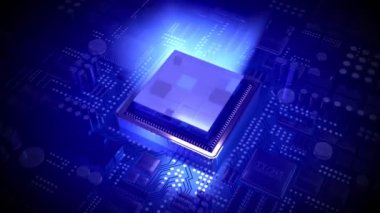 Bilgisayar işlemcisi ve ışık ışınları - 3D 4k animasyon (3840 x 2160 px)