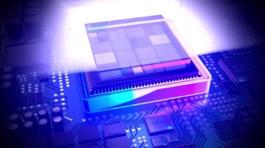 Bilgisayar işlemcisi ve ışık ışınları - 3D 4k animasyon (3840 x 2160 px)