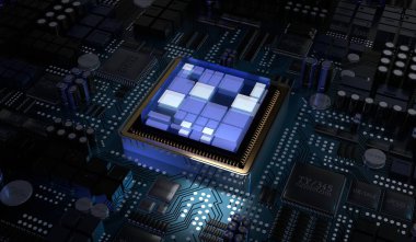 Bilgisayar işlemcisi ve ana kart - 3D illüstrasyon