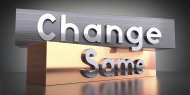 Değişim, aynı - metal bloklardaki kelimeler - 3 boyutlu illüstrasyon