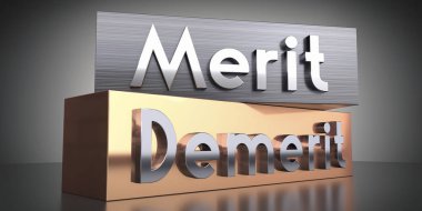 Merit, demerit - words on metal blocks - 3D illustration clipart