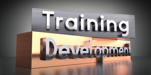 Обучение, разработка - слова на металлических блоках - 3D иллюстрация