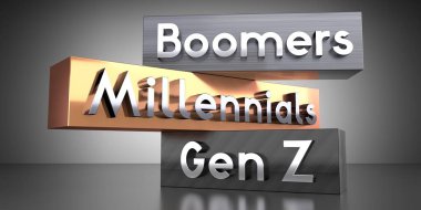 Boomers, Millennials, Gen Z - Metal bloklardaki kelimeler - 3D Illustr