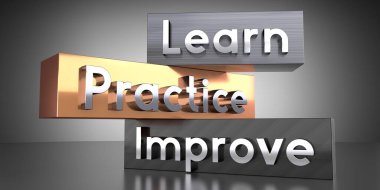 Öğren, pratik yap, geliştir - metal bloklardaki kelimeler - 3D illüstrati