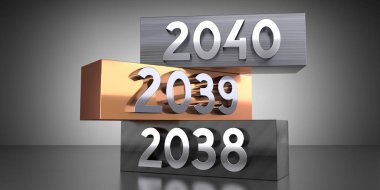 2040, 2039, 2038 - Metal bloklar üzerine kelimeler - 3D illüstrasyon