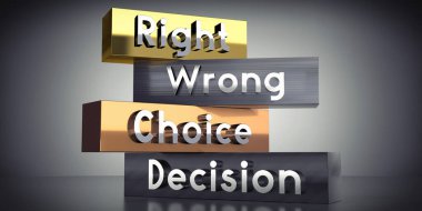 Doğru, yanlış, seçim, karar - metal bloklardaki kelimeler - 3 boyutlu illüstrasyon