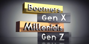 Boomers, Gen X, Millenials, Gen Z - Metal bloklar üzerine kelimeler - 3D illüstrasyon
