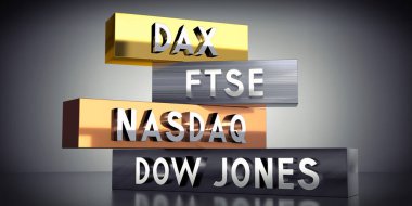 DAX, FTSE, NASDAQ, DOW JONES - Metal bloklar üzerine kelimeler - 3D illüstrasyon