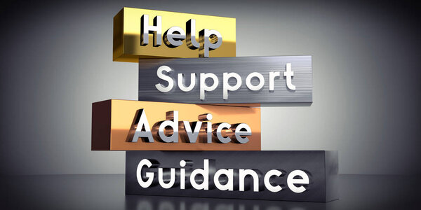 Help, support, advice, guidance - words on metal blocks - 3D illustration
