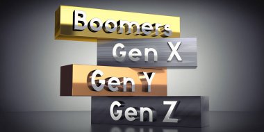 Boomers, Gen X, Gen Y, Gen Z - Metal bloklar üzerine kelimeler - 3D illüstrasyon