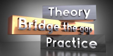 Teori, boşluğu boşalt, pratik yap - metal bloklar üzerindeki kelimeler - 3 boyutlu illüstrasyon