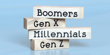 Boomers, Gen X, Millennials, Gen Z - Tahta bloklar üzerine kelimeler - 3D illüstrasyon