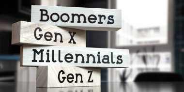 Boomers, Gen X, Millennials, Gen Z - Tahta bloklar üzerine kelimeler - 3D illüstrasyon
