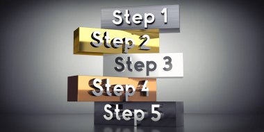Adım 1, 2, 3, 4, 5 - Metal bloklar üzerine kelimeler - 3 boyutlu illüstrasyon