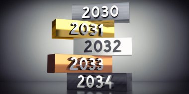 2030, 2031, 2032, 2033, 2034 - Metal bloklar üzerine kelimeler - 3D illüstrasyon