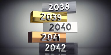 2038, 2039, 2040, 2041, 2042 - metal bloklar üzerine kelimeler - 3D illüstrasyon