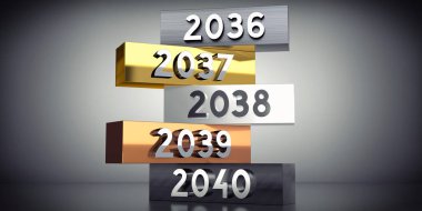 2036, 2037, 2038, 2039, 2040 - metal bloklar üzerine kelimeler - 3D illüstrasyon