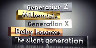 Gen Z, Millennials, Gen X, Baby Boomers, Sessiz Nesil - 3D illüstrasyon