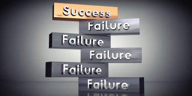 Başarı ve başarısızlık - metal bloklardaki kelimeler - 3B illüstrasyon