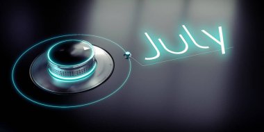 Temmuz - döner düğme ve parlayan kelime - 3D illüstrasyon