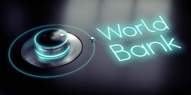 Dünya Bankası - döner düğme ve parlayan kelime - 3D illüstrasyon