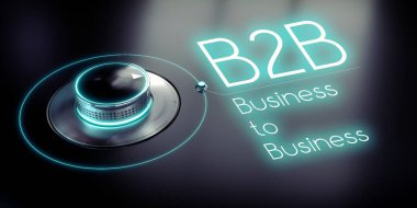 B2B, Business to Business - döner düğme ve parlayan sözcük - 3D illüstrasyon