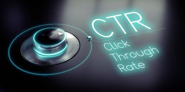 CTR, Click-through Rate - döner düğme ve parlayan kelime - 3D illüstrasyon