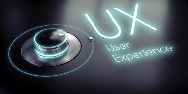 UX, Kullanıcı Deneyimi - döner düğme ve parlayan kelime - 3D illüstrasyon