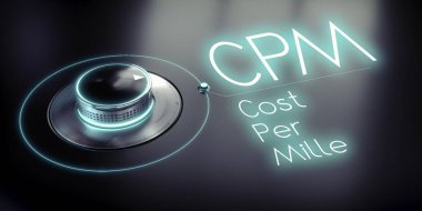 CPM, Cost Per Mille: - döner düğme ve parlayan kelime - 3D illüstrasyon