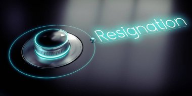 Resignation - rotary knob and glowing word - 3D illustration clipart