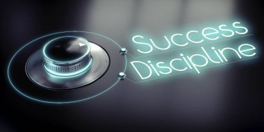 Success, discipline - rotary knob and glowing words - 3D illustration clipart