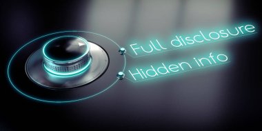 Tam açıklama, gizli bilgi - döner düğme ve parlayan kelimeler - 3 boyutlu illüstrasyon