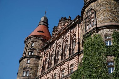 Walbrzych, Polonya - 12 Ağustos 2024 - Dış duvarlarında sarmaşık olan Ksiaz Şatosu - bahçeli tarrace manzaralı