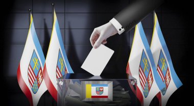 Kutsal Haç - bayraklar ve oy sandığı - oy kullanma, seçim konsepti - 3 boyutlu illüstrasyon