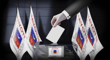 Mayotte - bayraklar ve oy sandığı - oy kullanma, seçim konsepti - 3 boyutlu illüstrasyon