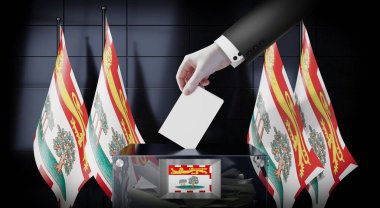 Prens Edward Adası - bayraklar ve oy sandığı - oy kullanma, seçim konsepti - 3D illüstrasyon