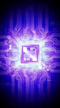 Ultraviyole renk paletinde bilgisayar işlemcisi - 3D 4k dikey animasyon (2160x3840 px)