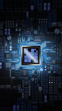 Bilgisayar işlemcisi ve ana kart - 3D 4k dikey animasyon (2160x3840 px)