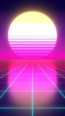 Geometrik güneş ve ızgara yüzeyi - 3d 4k dikey animasyon (3840 x 2160 px)