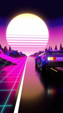 Geometrik araba yolda gidiyor - 3d 4k dikey animasyon (3840 x 2160 px)